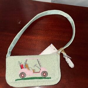 Mint Green Beaded Shoulder Bag with Pink Golf Cart Accent
